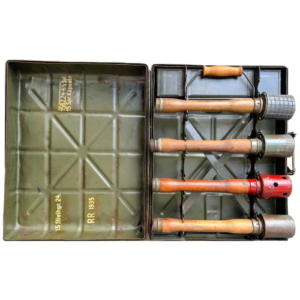 Original WWII German M24 Stielhandgranate Metal Transport Case | 1935 Dated Ordnance Crate with Four Original M24 Stick Grenades